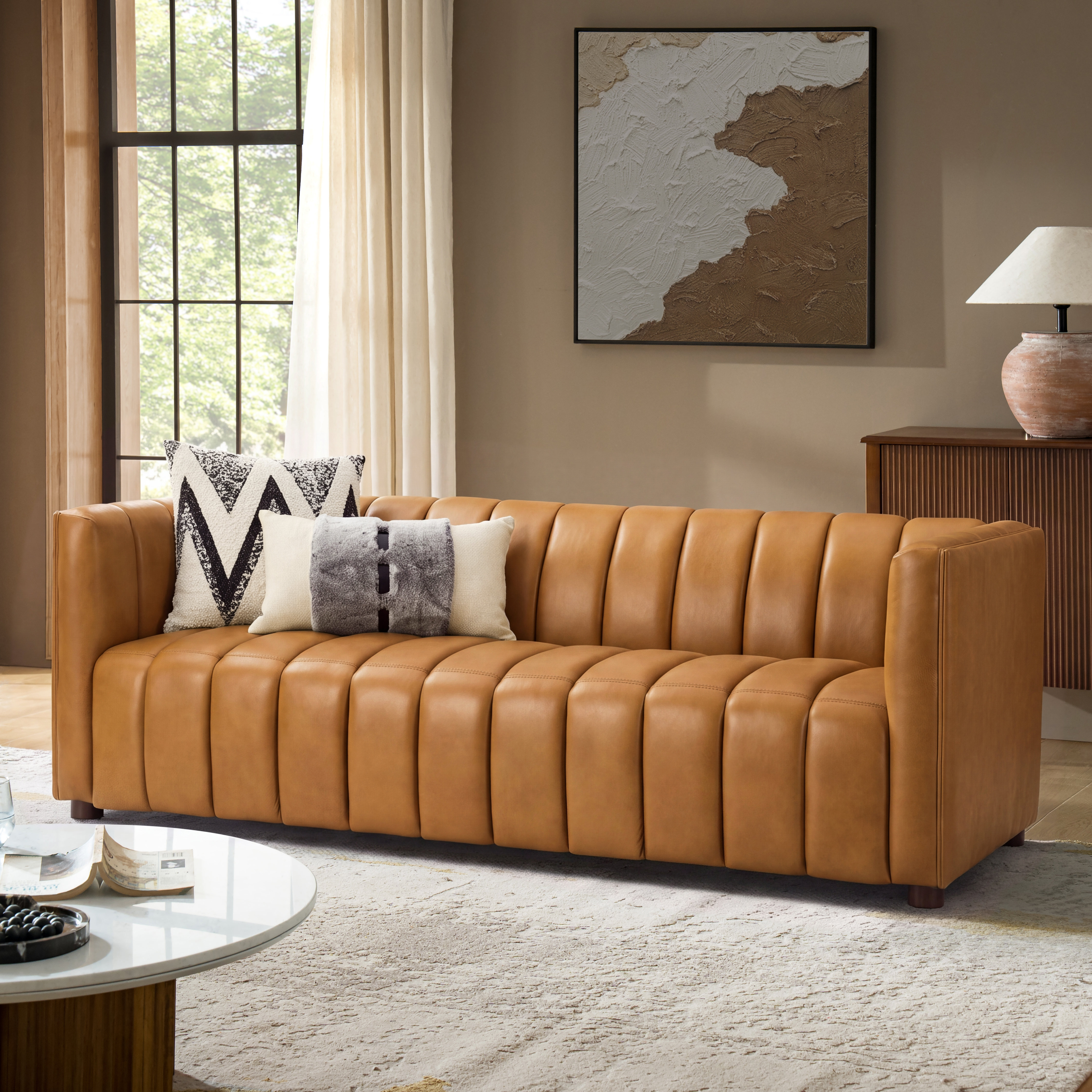 Wade Logan® Claudio 83'' Genuine Leather Channel Tufted Sofa